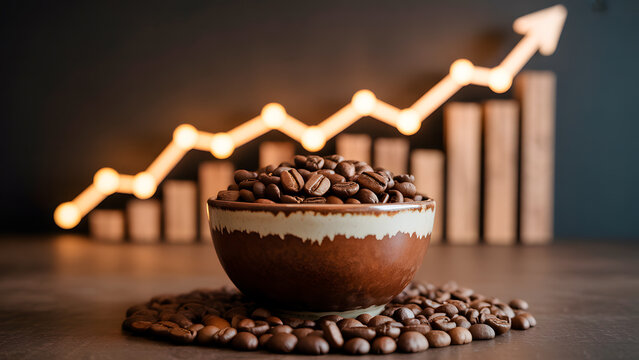 Cup filled with roasted coffee beans in front of a glowing ascending arrow chart. Higher costs, growing demand, market expansion, economic trend.
