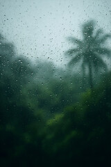 Raindrops on window with tropical background