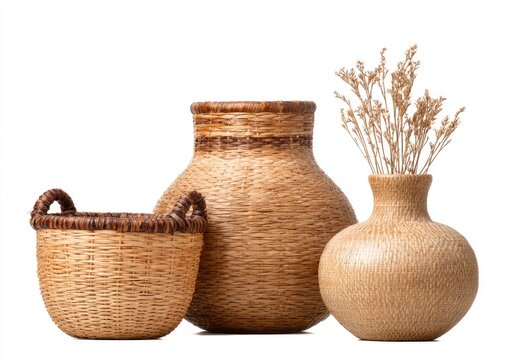 Three woven baskets and vases against white - Powered by Adobe