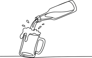 Continuous line art of beer bottle pouring liquid into frothy mug simple drawing