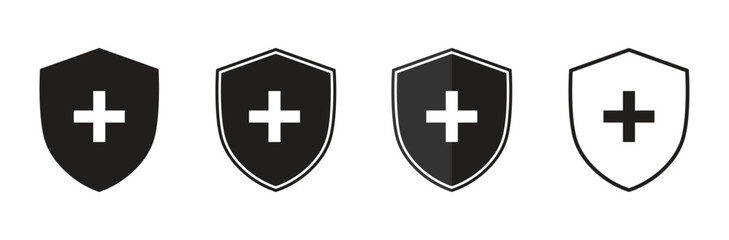 Medical Shield Icon Set with Cross Symbol. Health Protection, Safety and Security Black Outline 