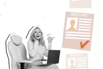 Creative collage mature businesswoman find job resume recruitment select cv decision choice hiring employment profile drawing background