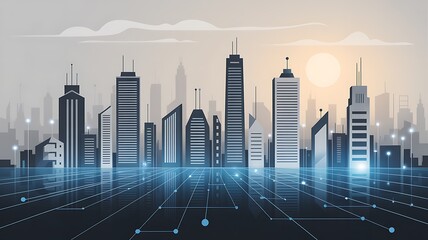 Futuristic smart city skyline with interconnected network illustrating digital transformation and technological advancements in urban environments