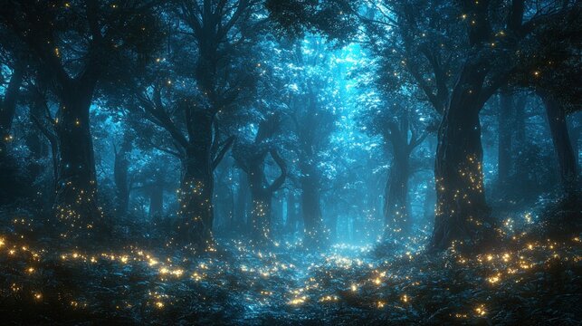 Enchanting blue forest at night with glowing fireflies.