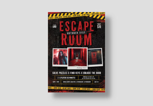Halloween Escape Room Flyer Template with Police Line Crime Scene Theme
