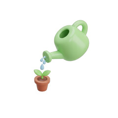 A charming 3D rendered green watering can gently nourishes a tiny, vibrant plant sprout in a terracotta pot, symbolizing growth and care.