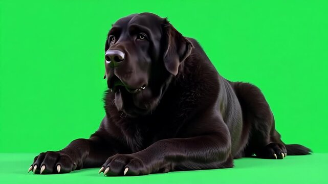 Majestic chocolate Labrador retriever resting comfortably against a vibrant green screen backdrop, creating a dynamic and adaptable video asset