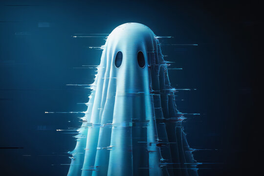 Ethereal Glitch Ghost:  Digital Art, Dark Blue, Spooky Halloween Illustration, Mystical, Abstract, Supernatural Theme.