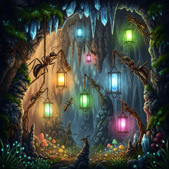 Obraz premium Whimsical Lantern Cave Ants Illuminate an Enchanted, Glowing Grotto
