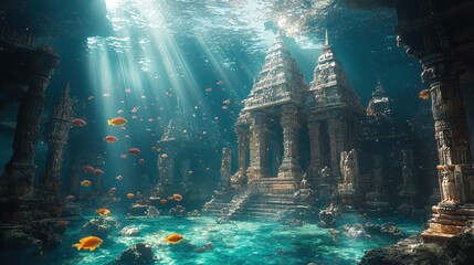 Sunbeams illuminate an underwater temple ruin, fish swim around ancient columns and statues.