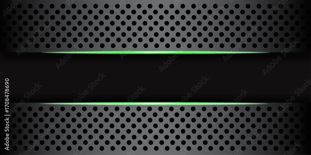 Poster dark steel mesh abstract background with green glowing lines with space for design. modern technolog