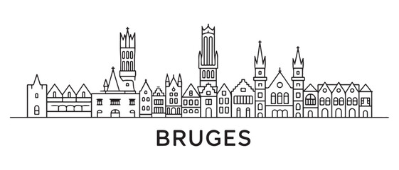 Obraz premium Bruges Line Art skyline horizontal banner. Bruges, Belgium. Vector template for your design. with white background