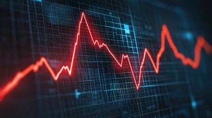 Detailed view of a digital graph displaying a downward trend, red line, financial loss