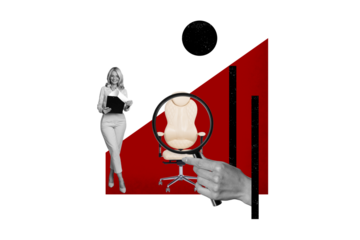 Creative collage picture young businesswoman recruiter hiring search employee vacancy candidate magnifying loop glass armchair office job