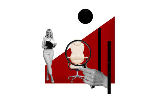 Creative collage picture young businesswoman recruiter hiring search employee vacancy candidate magnifying loop glass armchair office job