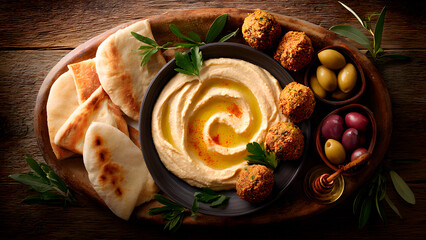Top view of rustic platter with hummus, falafel, pita bread and assorted olives on wooden table. Mediterranean presentation, authentic Middle Eastern treat.

