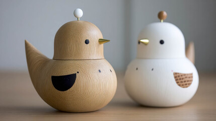 Cute wooden and ceramic bird-shaped containers on a simple table with natural light