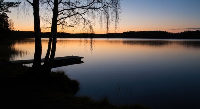 Tranquil lake at sunset. Silhouetted trees and a small wooden dock on the shore.  Gentle colors of sunrise/sunset reflected on the calm water