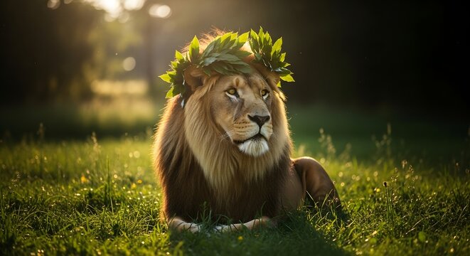 Majestic male lion wearing a crown of green leaves, resting in a sunlit grassy field during golden hour