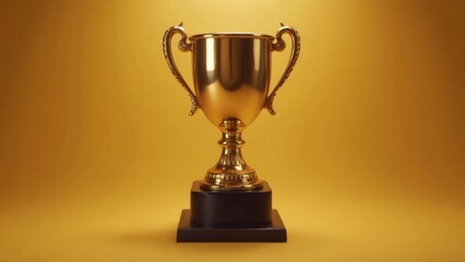 Golden trophy on brown base stands on a golden background, indoors