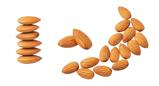 Stack of Almonds and Scattered Almonds on Black Background isolated on a transparent background