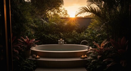 Tranquil outdoor hot tub at sunset, lush greenery surrounds