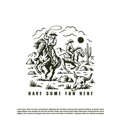 Vintage retro hand drawn two horseman riding a horse in the desert isolated on white background