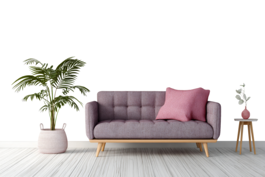 Purple fabric sofa with pink pillow and potted plant in modern room isolated on transparent background