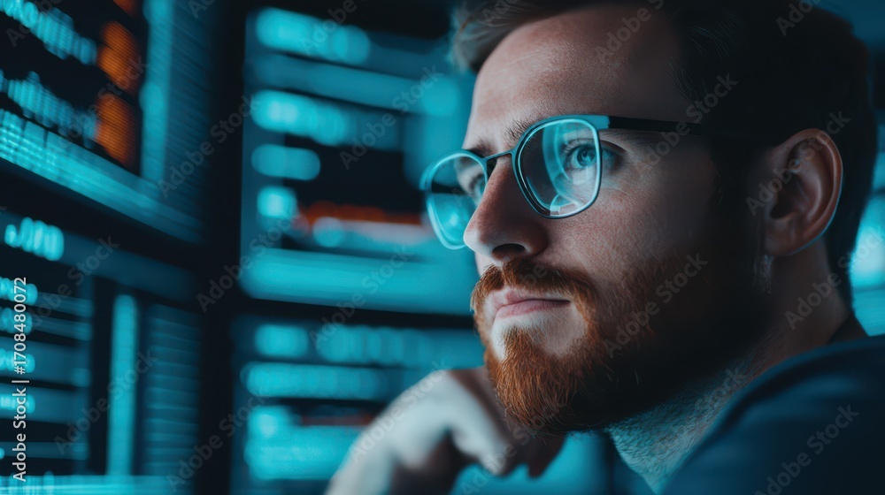 Poster a focused individual with glasses gazes thoughtfully at glowing digital screens filled with data and