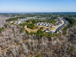 Aerial landscape Grovetown suburb neighborhood winter after Hurricane Helene in Augusta Georgia