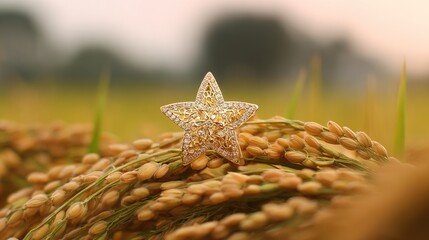 Fototapeta premium ao. Golden star-shaped brooch on silk ao dai collar, shallow depth of field with blurred sunset, symbolizing national pride. inspiring travel planning.