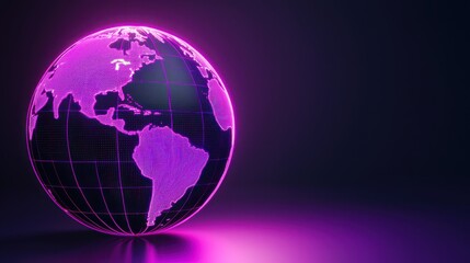 A glowing, futuristic globe in vibrant pink hues showcasing a digital world map against a dark background, symbolizing technology and global connectivity.