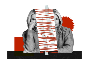 Composite trend artwork collage of red black white color aged lady divided into half part line doodle mess connection between stress