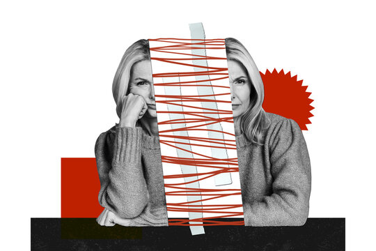 Composite trend artwork collage of red black white color aged lady divided into half part line doodle mess connection between stress