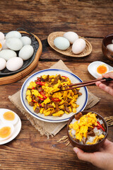 Fresh Farm Eggs and Scrambled Vegetables on Rustic Wooden Table - Farmhouse Kitchen Breakfast