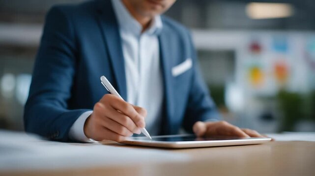 Explore the art of crafting deceptive advertisements with a marketer using a tablet, notepad, and vibrant agency posters in a cinematic three-quarter wide angle.