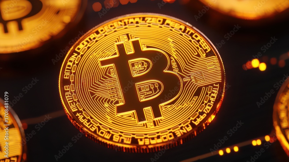 Poster a close-up view of a bitcoin, showcasing its intricate design and glowing details against a dark bac