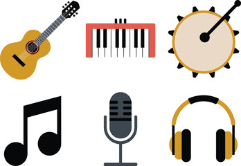 Set of six musical elements guitar keyboard drum microphone headphones musical note for music enthusiasts