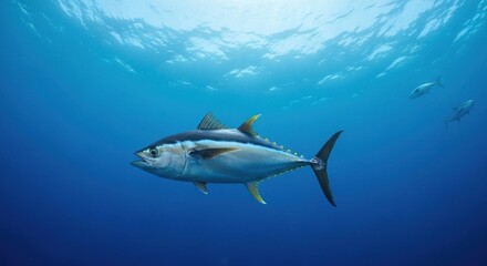 Fototapeta premium Tuna fish swimming in deep blue ocean. Sunlight rays shining through water