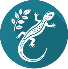 White Silhouette Lizard Icon with Leaf on Blue Round Background