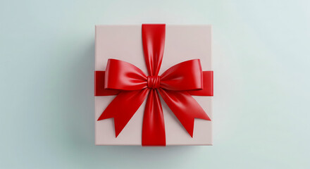 Elegant blush pink gift box with a vibrant red satin ribbon bow; minimalist festive design.
