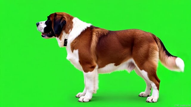 Energetic Saint Bernard dog pacing playfully on vibrant green screen, perfect for pet-related content and captivating animal adventures