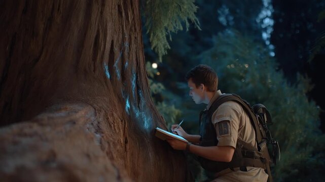 A ranger discovers mysterious alien symbols carved into trees in a dense forest at twilight, captured in a cinematic wide-angle shot.