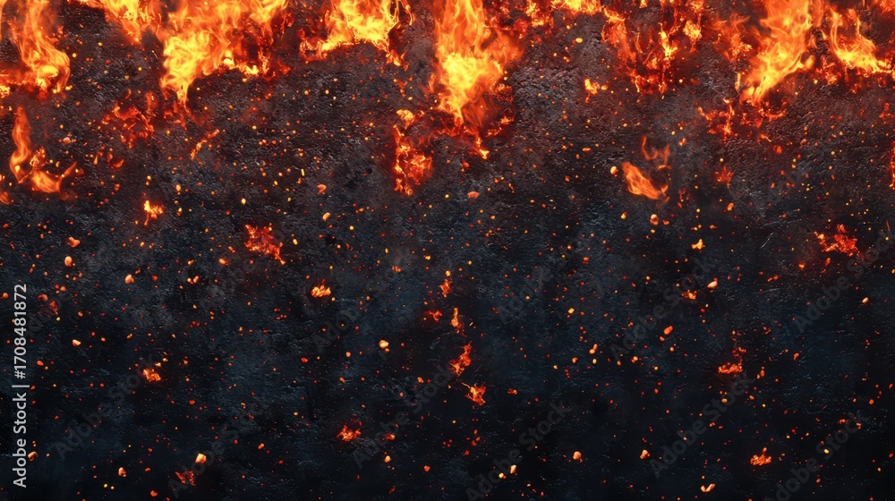 Poster a vibrant display of flames and embers against a dark background, creating a dynamic and intense vis