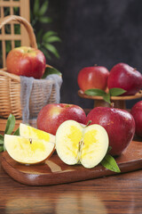 Fresh Red Apples with Heart Seeds on Wooden Board - Healthy Organic Fruit Display