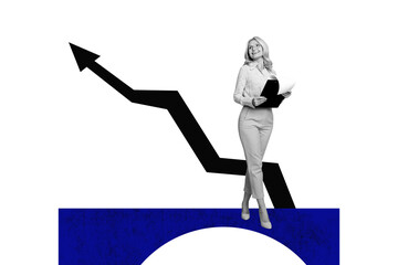 Collage image poster of happy successful lady earn money income increase grow up isolated on...
