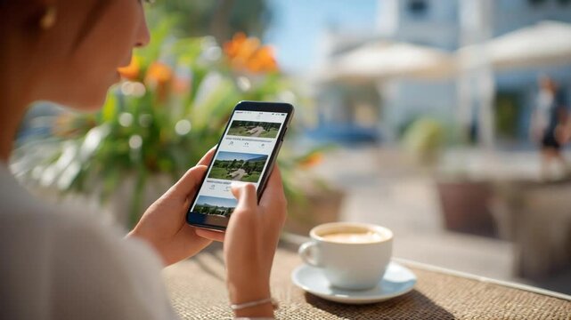 Discover your dream home with a real estate app, featuring a cinematic view of a sunny patio and cityscape from a caf&eacute;.