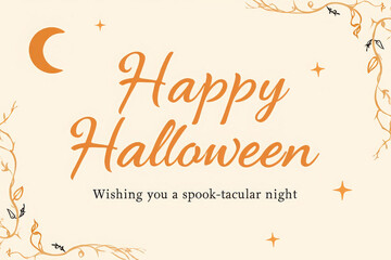 Elegant Happy Halloween Greeting Card:  Warm Orange Script, Floral Vines, Crescent Moon.