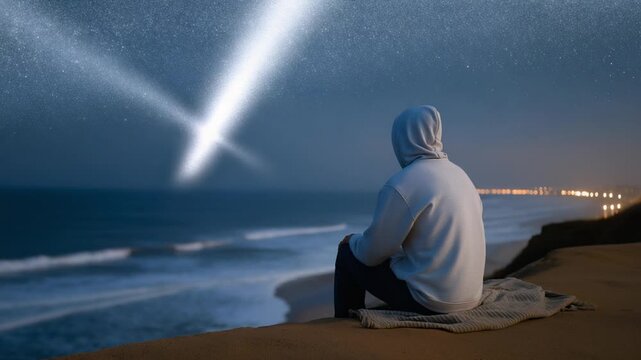 Experience a cinematic, wide-angle view of a mysterious UFO sighting over a starry beach at midnight, featuring a hooded figure with a flashlight and blanket.