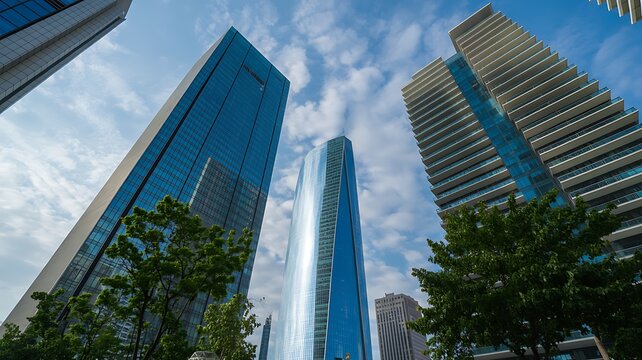 Low angle shot of modern skyscrapers reflecting the blue sky and clouds with green trees in the foreground - Powered by Adobe